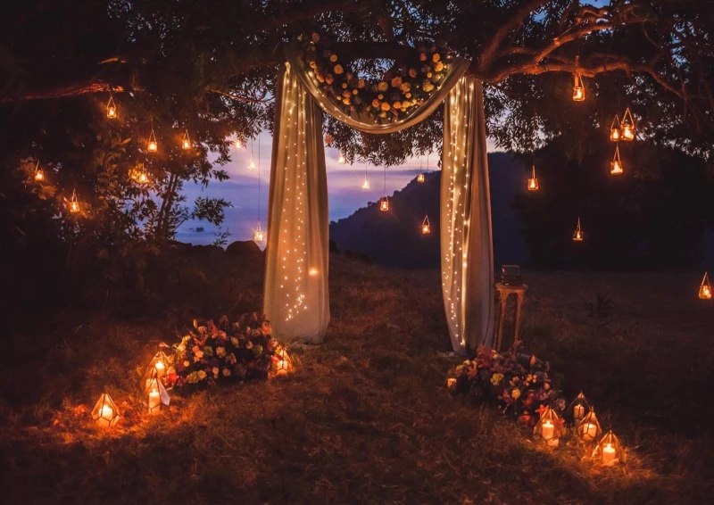 Une arche décorée de guirlandes lumineuses et de fleurs, entourée de lanternes scintillantes, parfaite pour une demande en mariage sous un ciel étoilé.