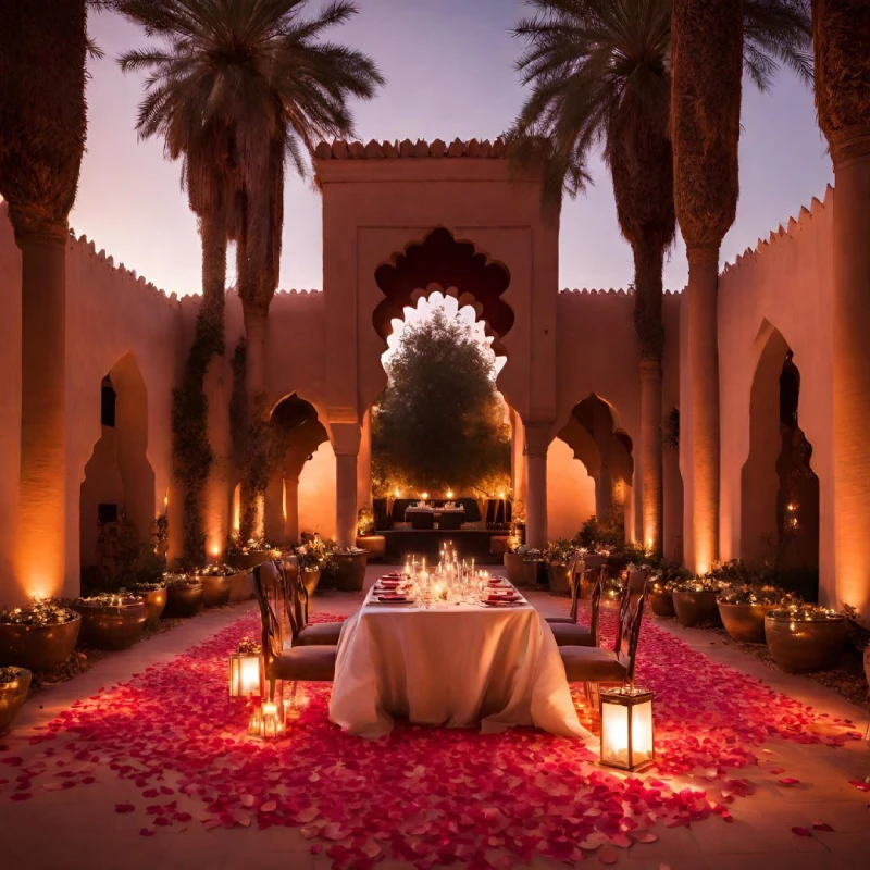 Une table élégamment dressée entourée de pétales de roses et lanternes dans une cour illuminée, parfaite pour une demande en mariage romantique.
