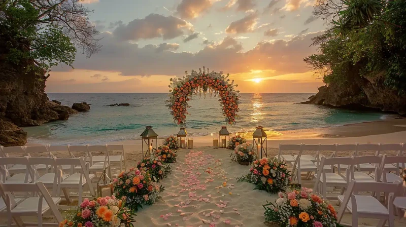 Une arche florale magnifiquement décorée sur une plage avec un coucher de soleil en toile de fond, idéale pour une cérémonie intime ou une demande en mariage.