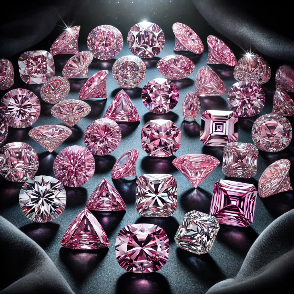 Collection de diamants roses de différentes tailles et formes, brillants et exposés sur un fond sombre.
